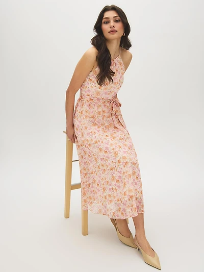 Robe mi-longue à col licou et imprimé floral