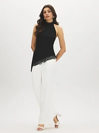 Mock Neck Halter Lace Trim Top