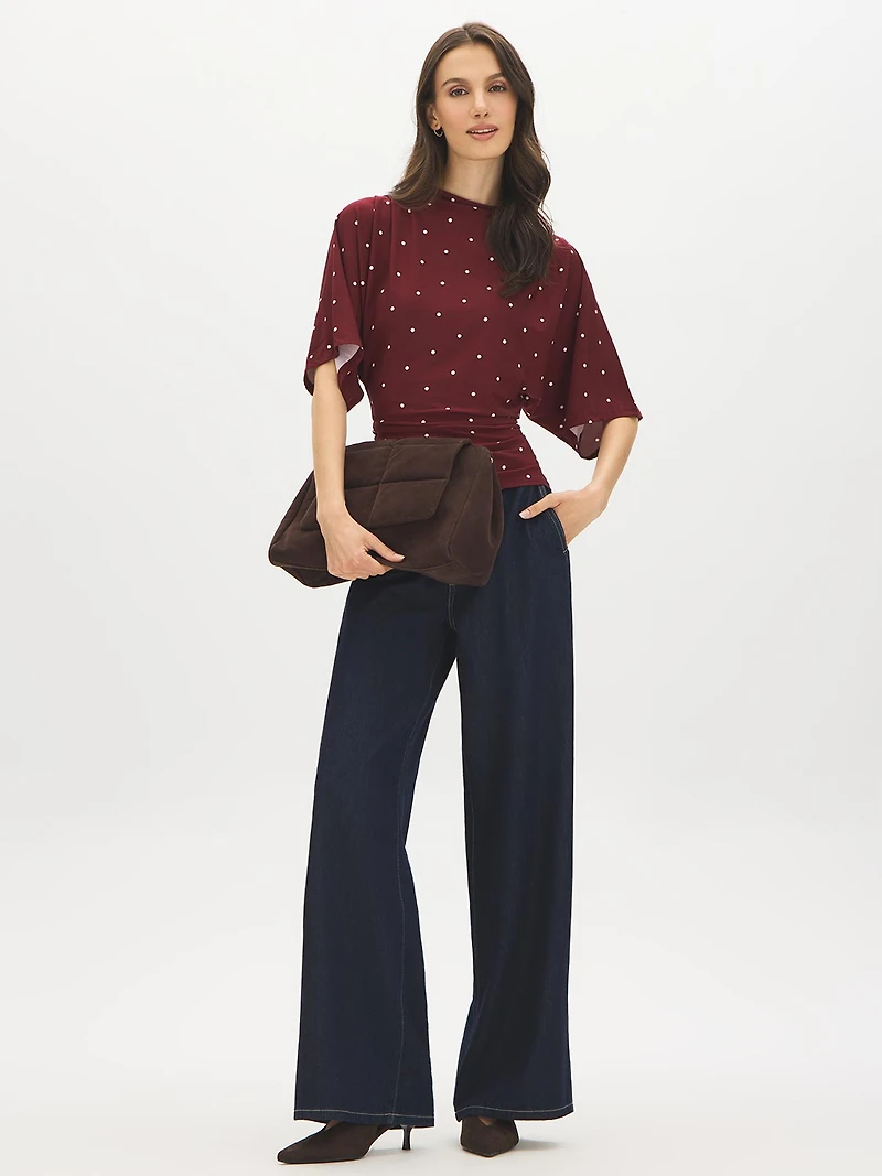 Haut à pois, col montant et manches kimono