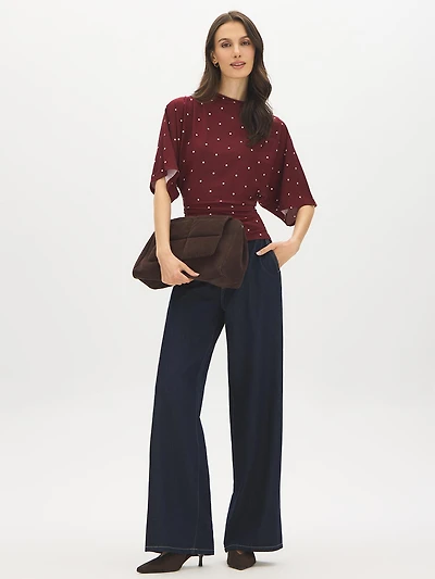 Haut à pois, col montant et manches kimono
