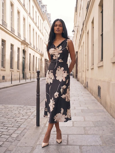 Floral Cowl Neck Satin Dress