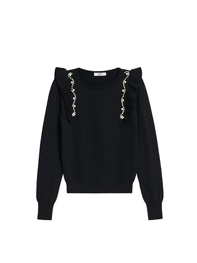 Pearl Embellished Ruffle Sweater