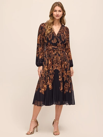 Pleated Paisley Chiffon Dress