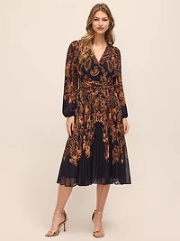 Pleated Paisley Chiffon Dress