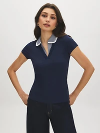 Open Collar Ribbed Knit Top