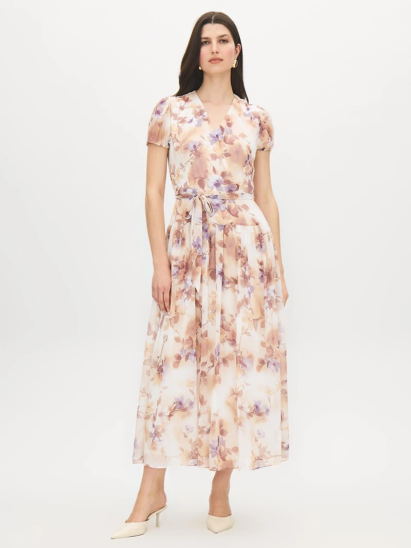 Floral Print Textured Chiffon Midi Dress