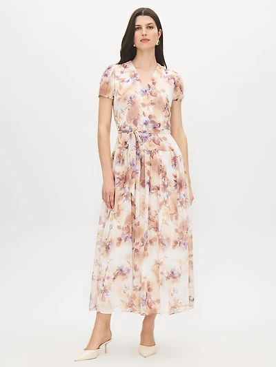 Floral Print Textured Chiffon Midi Dress
