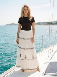 Cotton Embroidered Tiered Maxi Skirt