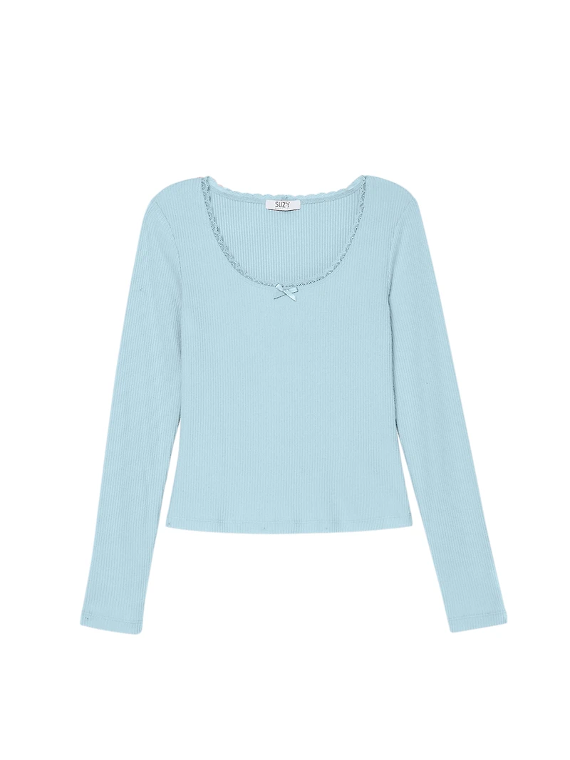 Haut de pyjama finement côtelé avec bordure en dentelle