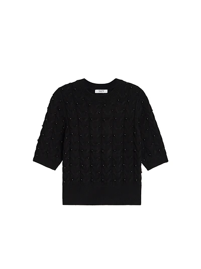 Short Sleeve Pearl Cable Knit Sweater