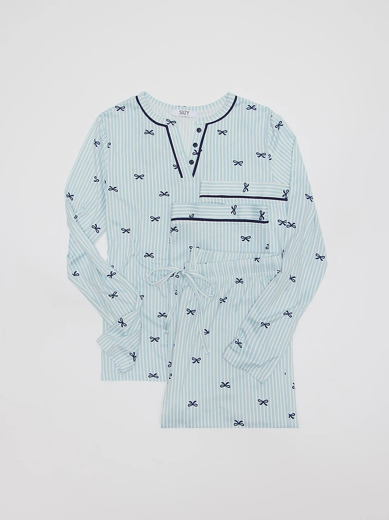 Striped Bow Split Collar Pajama Set