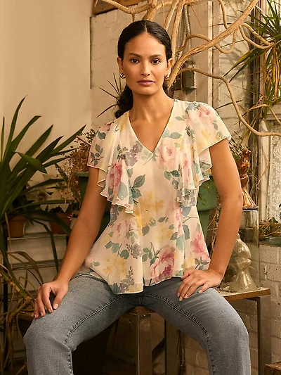 Floral Print Ruffle Sleeve Peplum Top