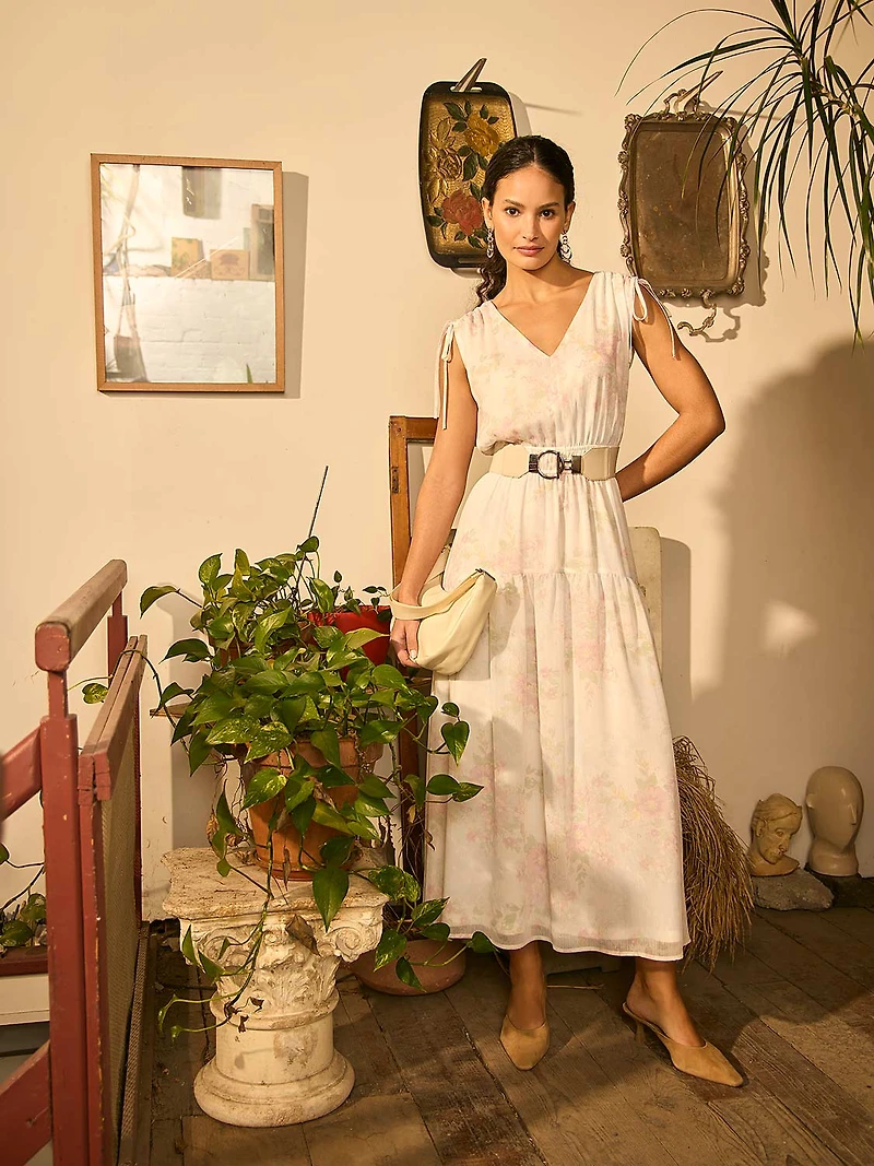Robe mi-longue en mousseline à imprimé floral