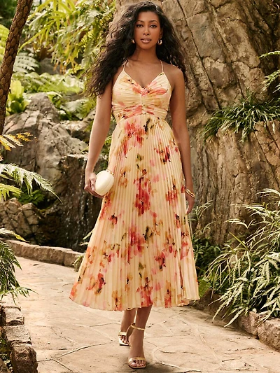 Robe mi-longue en satin à motifs floraux