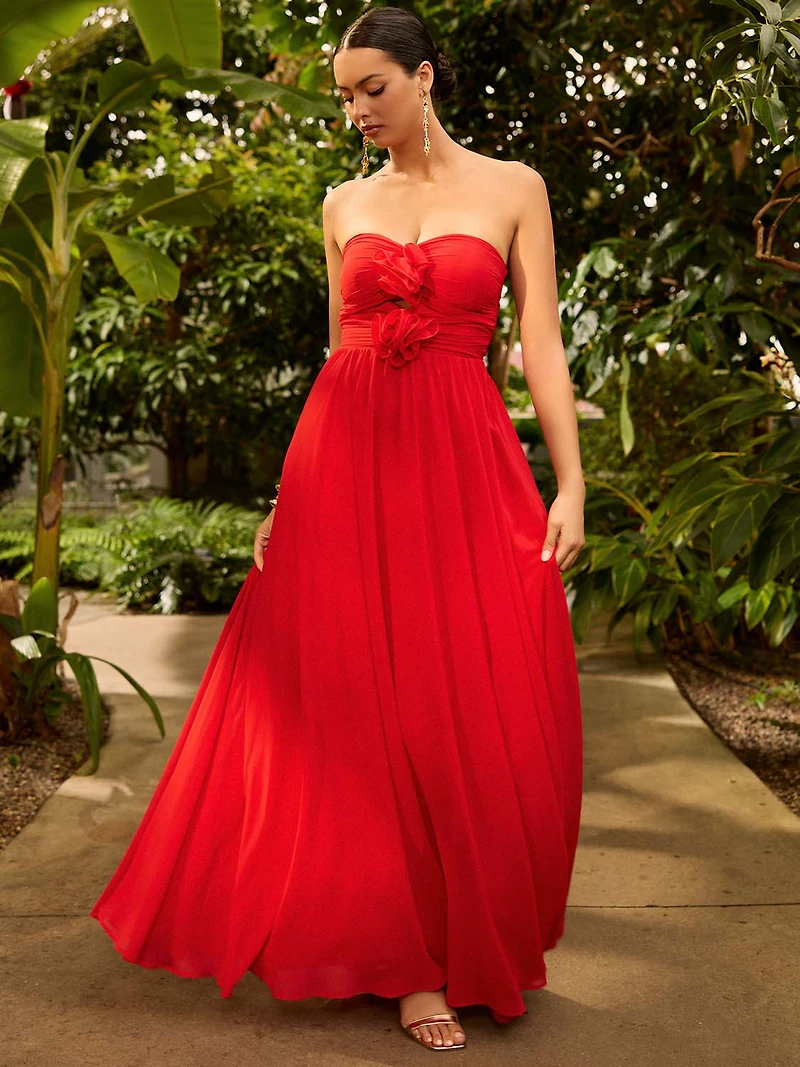 Strapless Chiffon Gown With Rosettes