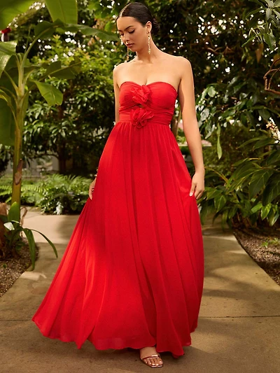 Strapless Chiffon Gown With Rosettes