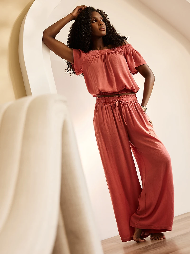 Pantalon à jambe large en gaze froissée