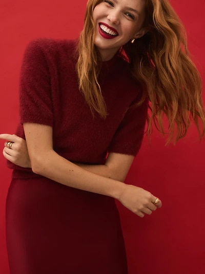 Fuzzy Mock Neck Short Sleeve Sweater