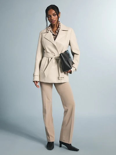 Faux Leather Belted Trench Coat