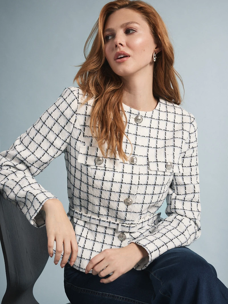 Blazer en tricot bouclé sans col et ceinturé