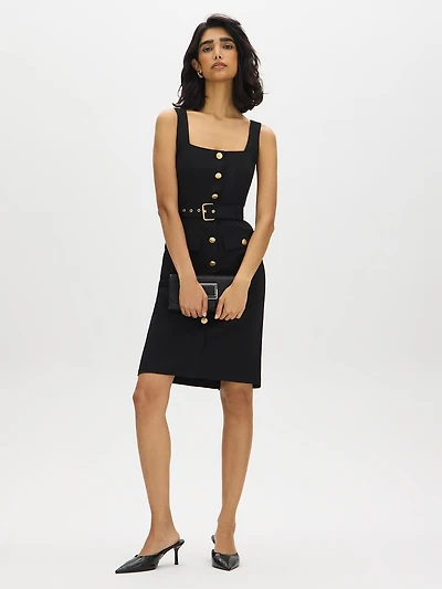 Belted Crepe Dress with Button Detail