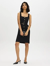 Belted Crepe Dress with Button Detail