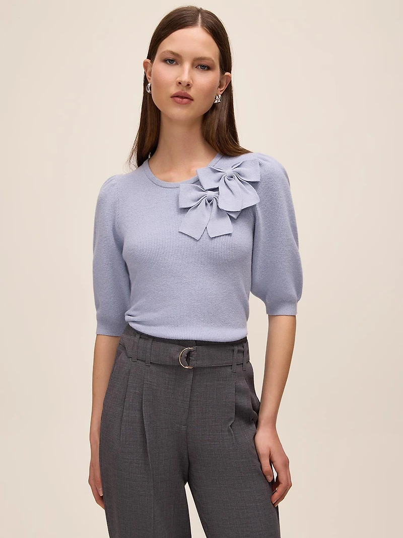 Double Bow Puff Sleeve Sweater
