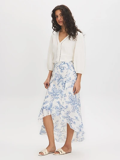 Floral Ruffle High-Low Midi Skirt
