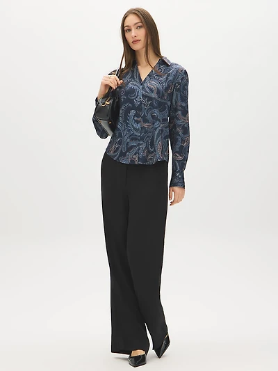 Paisley Print Satin-Like V-Neck Blouse