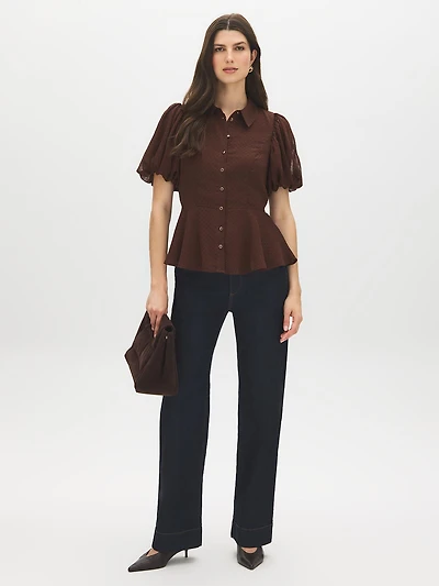 Textured Peplum Short Sleeve Blouse