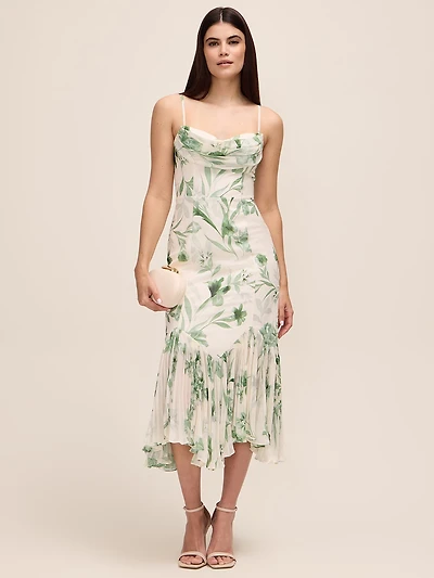 Robe mi-longue en mousseline à motifs floraux