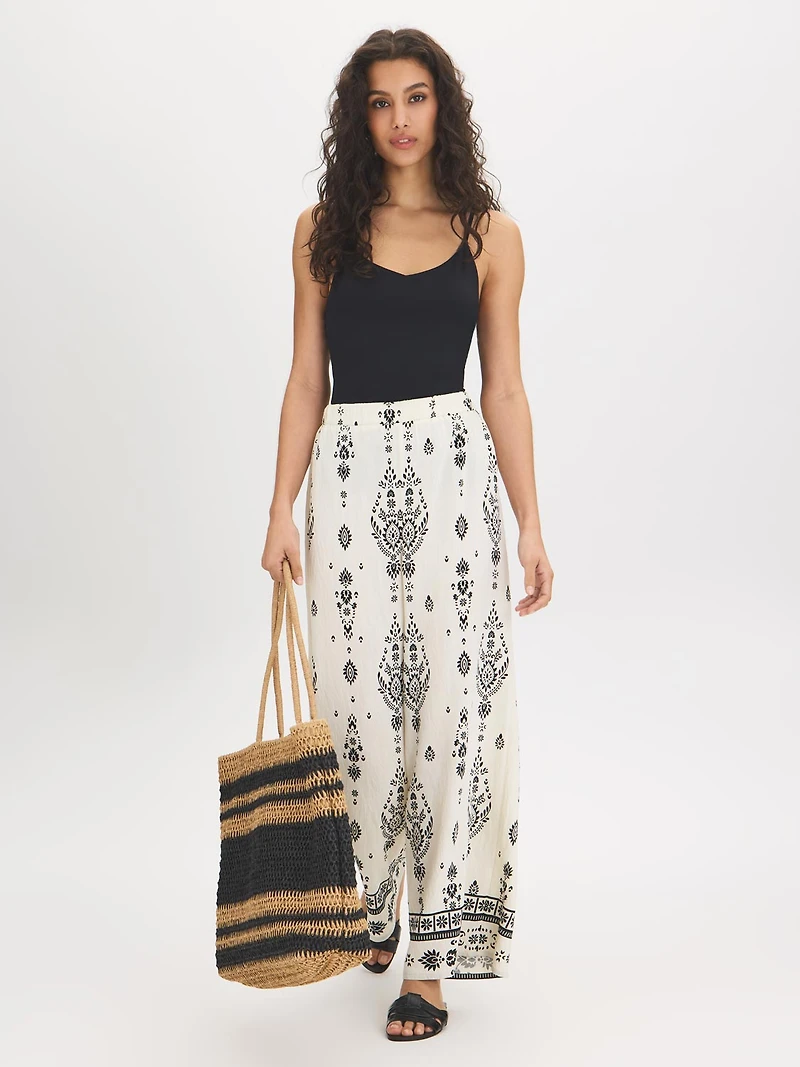 Border Print Wide-Leg Pants