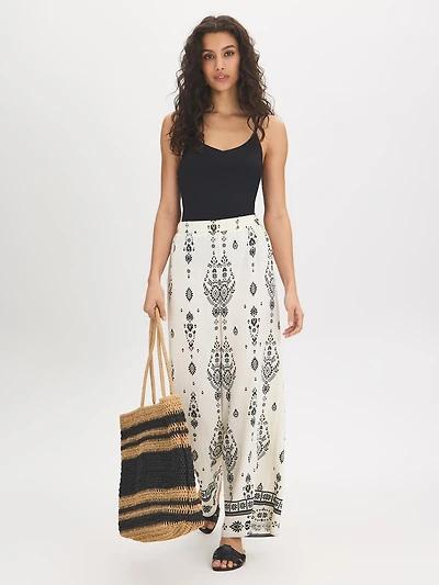 Border Print Wide-Leg Pants