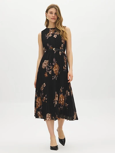 Sleeveless Floral Belted Midi Dress
