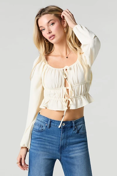 Ruched Self-Tie Front Long Sleeve Top