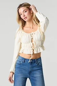 Ruched Self-Tie Front Long Sleeve Top
