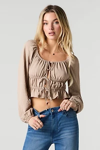 Ruched Self-Tie Front Long Sleeve Top