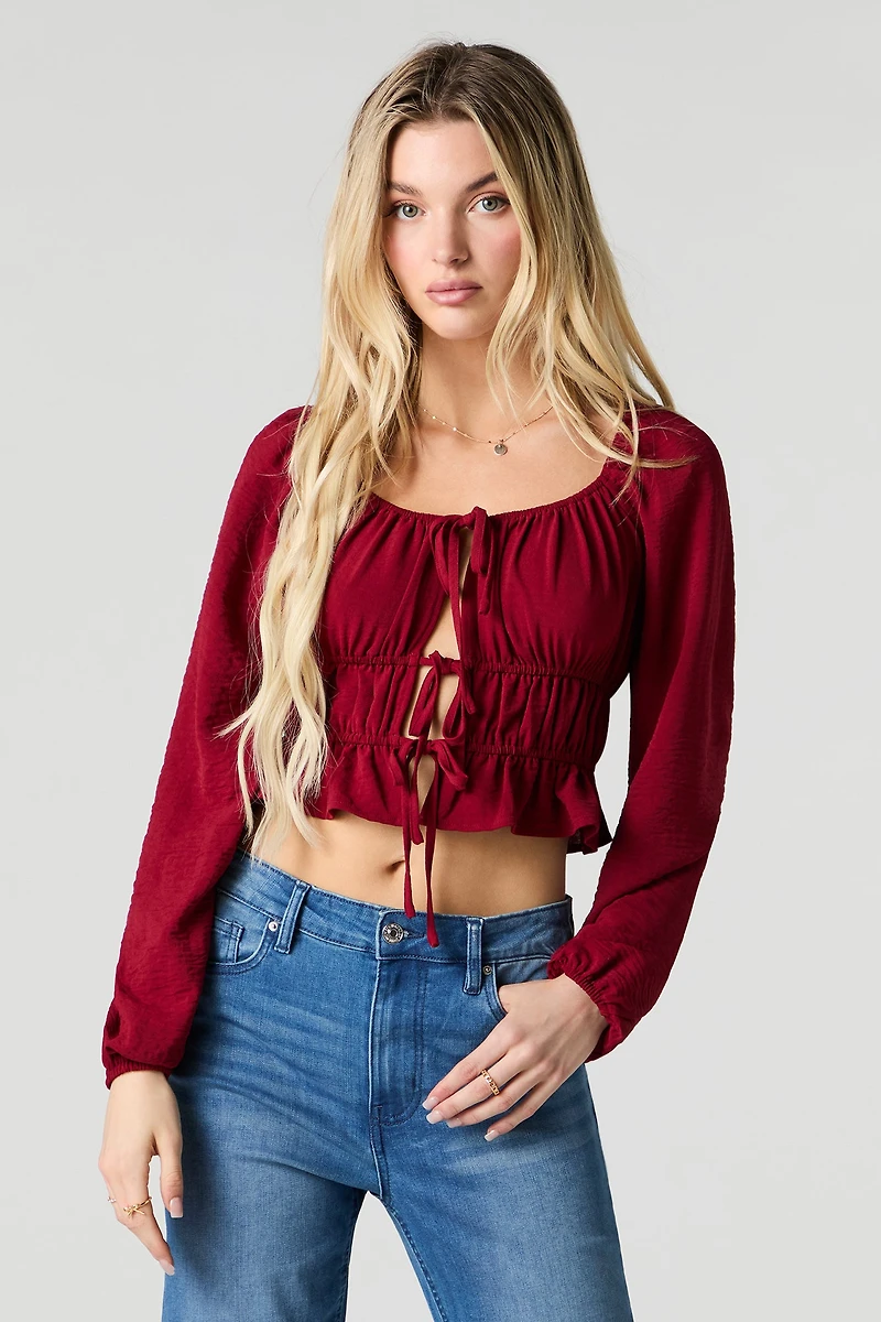 Ruched Self-Tie Front Long Sleeve Top