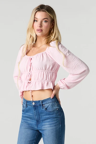 Ruched Self-Tie Front Long Sleeve Top