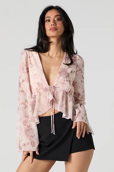 Floral Chiffon Tie Front Long Sleeve Flowy Top