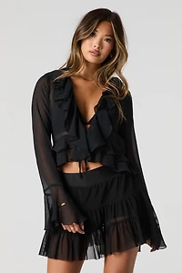 Ruffled Self-Tie Long Sleeve Top