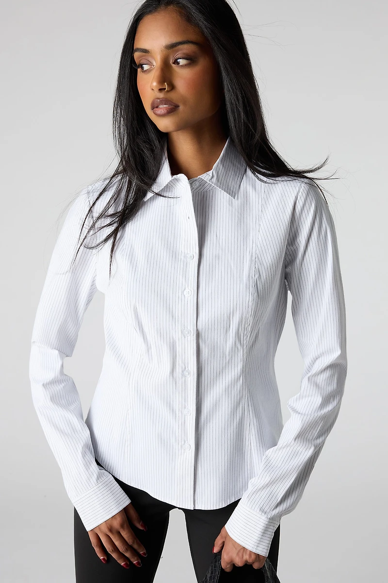 Poplin Button-Up Collared Long Sleeve Top