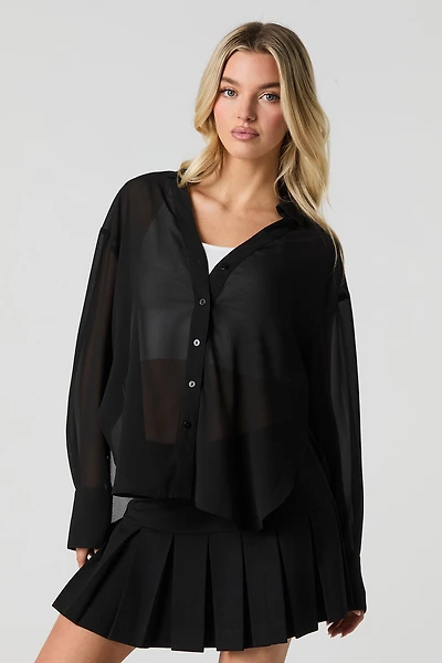 Semi Sheer Long Sleeve Button-Up Top