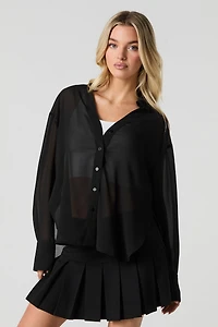 Semi Sheer Long Sleeve Button-Up Top