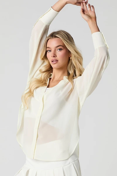 Semi Sheer Long Sleeve Button-Up Top