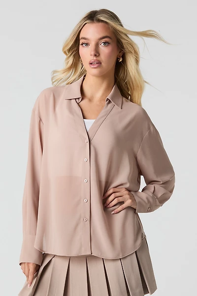 Semi Sheer Long Sleeve Button-Up Top
