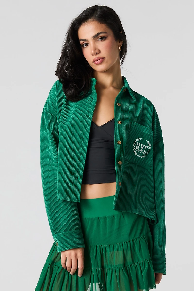 Embroidered Pocket Corduroy Button-Up Cropped Top