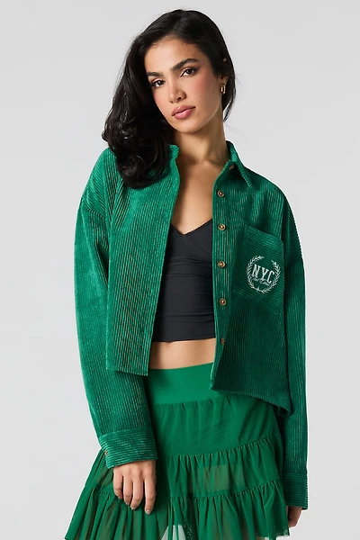 Embroidered Pocket Corduroy Button-Up Cropped Top