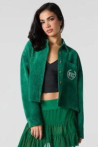 Embroidered Pocket Corduroy Button-Up Cropped Top
