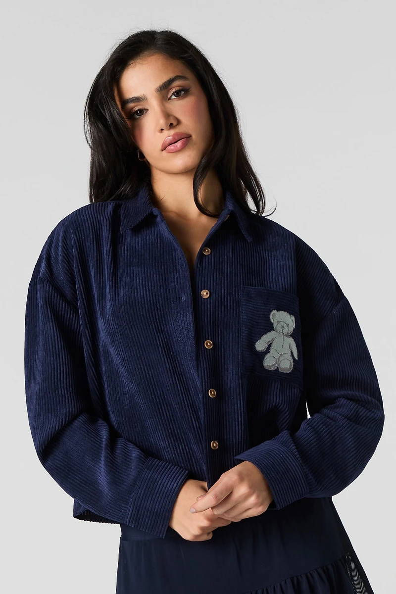 Embroidered Pocket Corduroy Button-Up Cropped Top